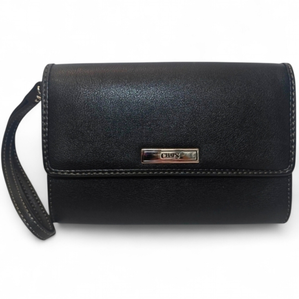 Chaps Faux Leather Black Wristlet With Crossbody Strap Silver Toned Hardware
